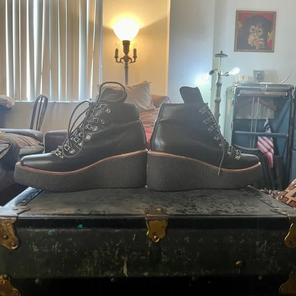 Jeffrey Campbell “Free People” Viajar Olive-Brown Leather Wedge Ankle Boot Sz 8 - Picture 3 of 11